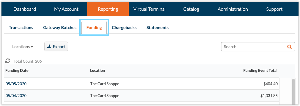 CardPointe Web Reporting Funding Tab