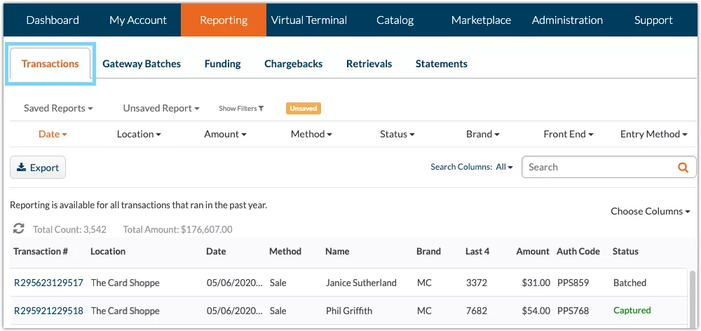 Cardpointe web reporting transaction tab