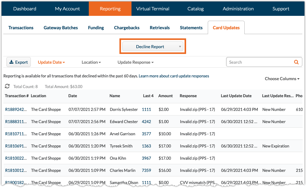 Cardpointe card updates decline reports