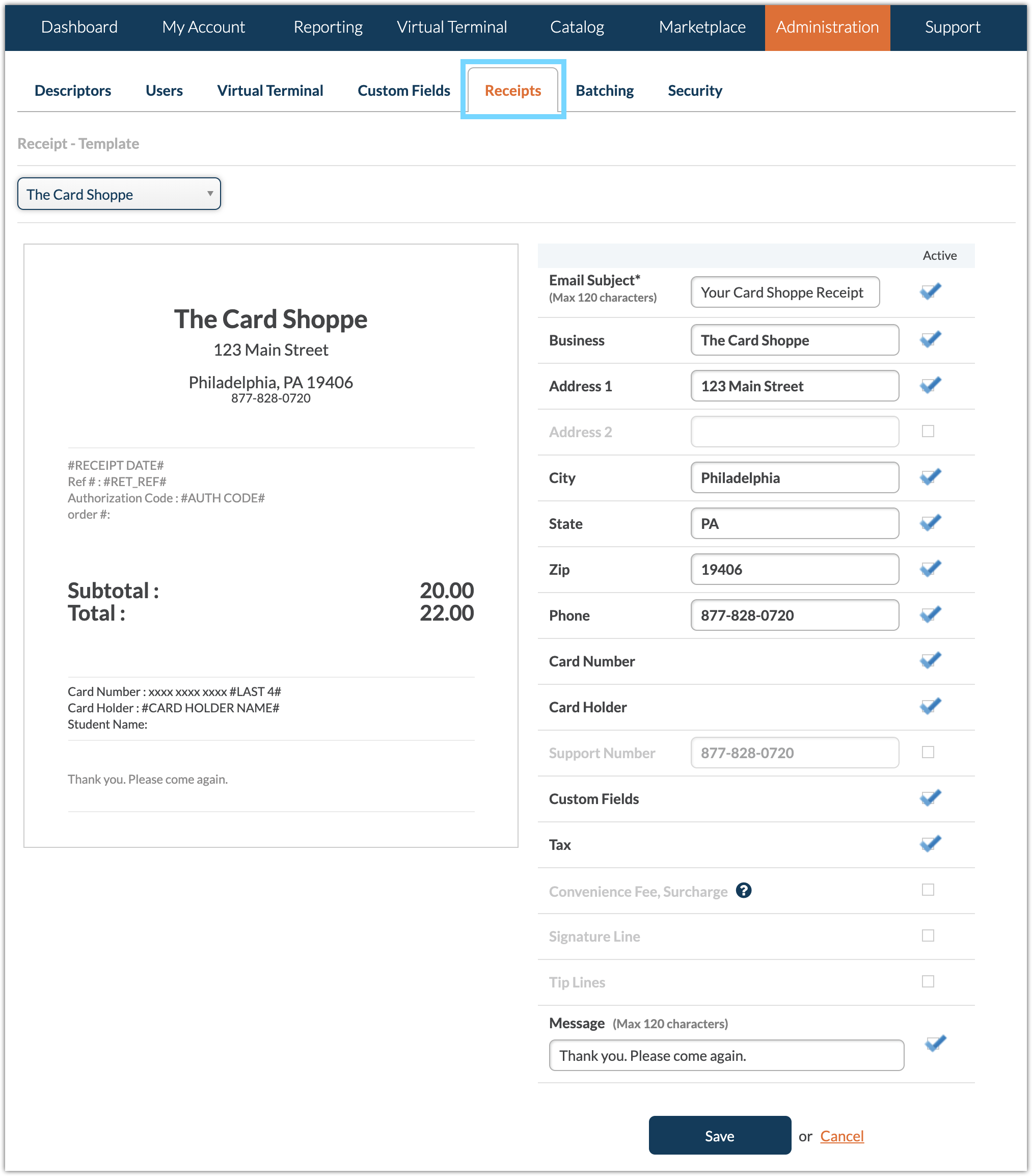 CardPointe Web Admin Receipts